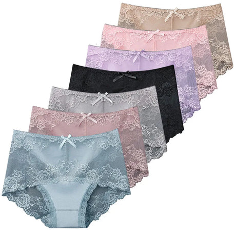 7Pcs Cotton Women's underwear lace transparent panties comfortable antibacterial plus size pants female sexy lingerie - Lootquake