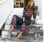 1pcs/lot Women Bohemia V-neck Three Quarter Sleeve Floral Print Ethnic Autumn Beach Boho Long Dress - Lootquake