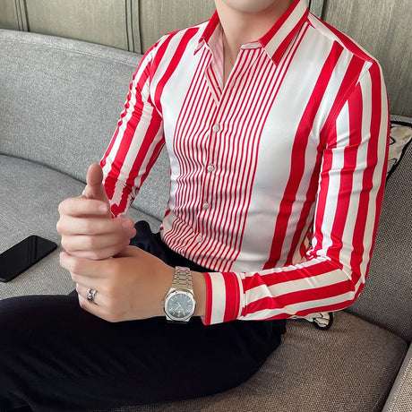 British Style Striped Shirts Mens Long Sleeve Business Formal Dress Shirt Casual Slim Fit Dress Streetwear Social Party Clothing - Lootquake