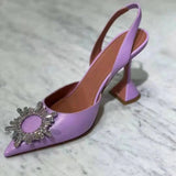 New Fashionable Half Slippers Women&#39;s Sandals Fashionable Sparkling Rhinestones Satin Wine Glass Heel Shoes Closed-Toe Slippers