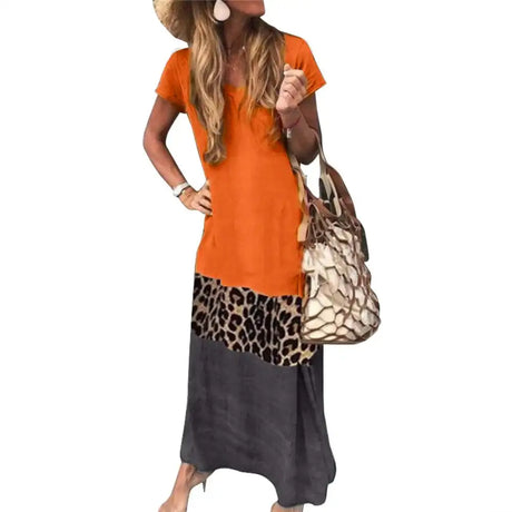 Casual Women summer dress  V Neck Short Sleeve woman dress Leopard Print Color Block Loose Long Dress dresses for women платье - Lootquake