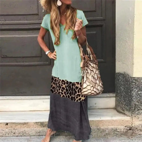 Casual Women summer dress  V Neck Short Sleeve woman dress Leopard Print Color Block Loose Long Dress dresses for women платье - Lootquake