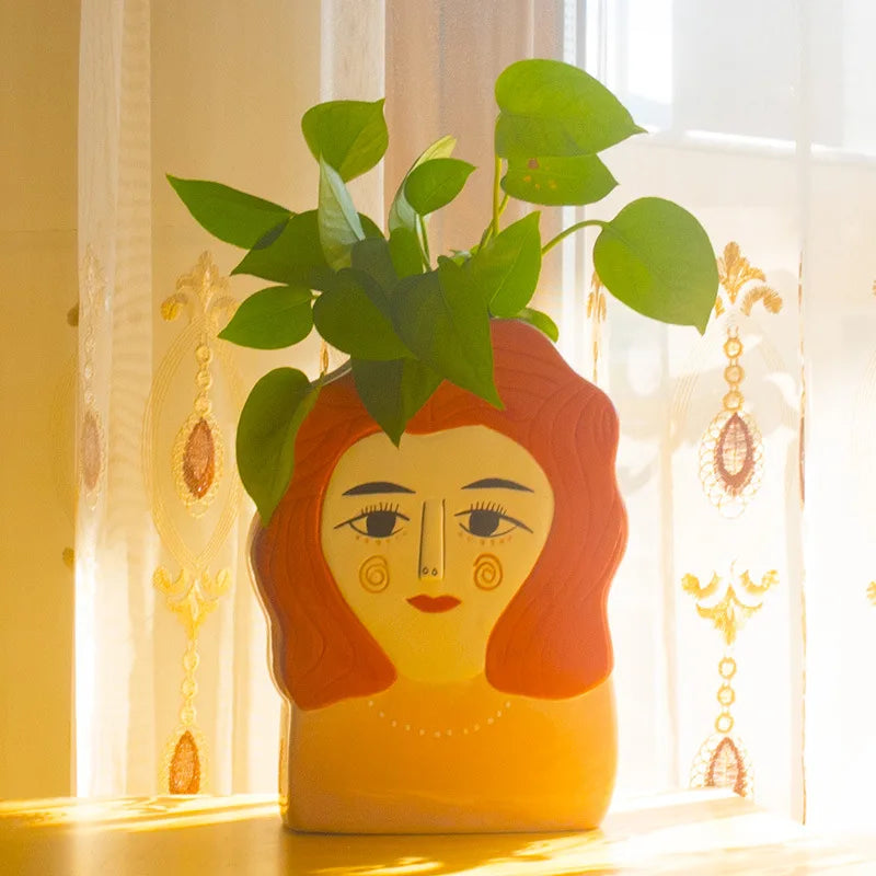 Statue Head Portrait Sculpture Ornament Bonsai Handmade Art Pot Bum Ceramic Vase Plaster Living Room Home Decor Dried Flowers