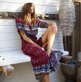 1pcs/lot Women Bohemia V-neck Three Quarter Sleeve Floral Print Ethnic Autumn Beach Boho Long Dress - Lootquake