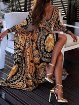 2021 New Style Fashion Elegant Women Sexy Boat Neck Glitter Deep V Neck Print Party Dress Formal Long Dress Sexy Clubwear - Lootquake
