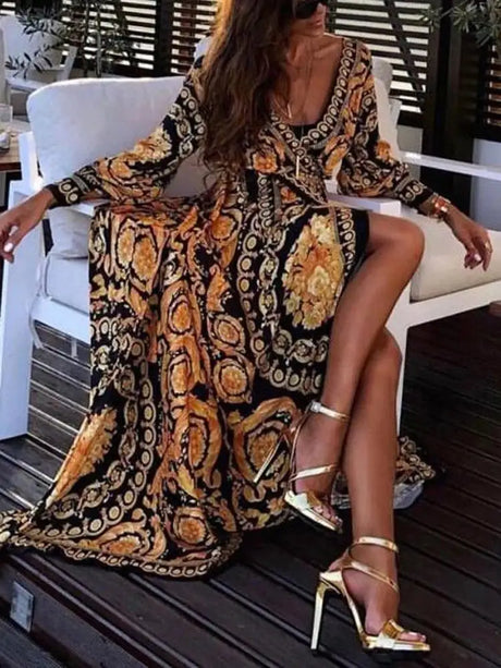2021 New Style Fashion Elegant Women Sexy Boat Neck Glitter Deep V Neck Print Party Dress Formal Long Dress Sexy Clubwear - Lootquake