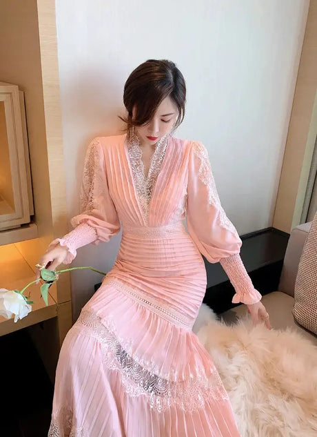 JSXDHK 2024 New Runway Designer Women Black Long Dress Elegant Spring Chiffon Patchwork Lace V Neck Lantern Sleeve Pleated Dress - Lootquake
