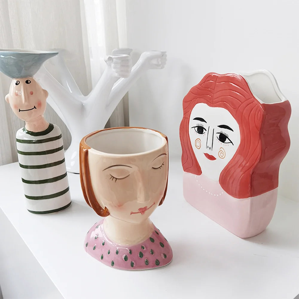 Statue Head Portrait Sculpture Ornament Bonsai Handmade Art Pot Bum Ceramic Vase Plaster Living Room Home Decor Dried Flowers