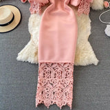 Sexy Hollow Out Lace Bodycon Long Dress Women Elegant Red/Pink/White Off Shoulder Patchwork Maxi Party Vestidos 2021 Autumn New - Lootquake