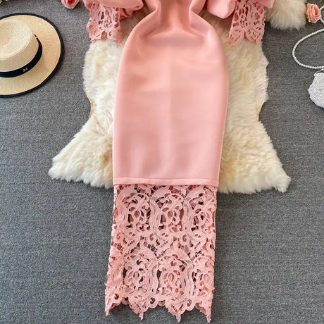 Sexy Hollow Out Lace Bodycon Long Dress Women Elegant Red/Pink/White Off Shoulder Patchwork Maxi Party Vestidos 2021 Autumn New - Lootquake