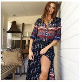 1pcs/lot Women Bohemia V-neck Three Quarter Sleeve Floral Print Ethnic Autumn Beach Boho Long Dress - Lootquake