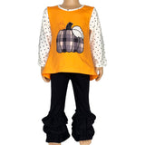 Girls Orange Pumpkin Top & Black Ruffle Pants Halloween Thanksgiving Ouitfit-0