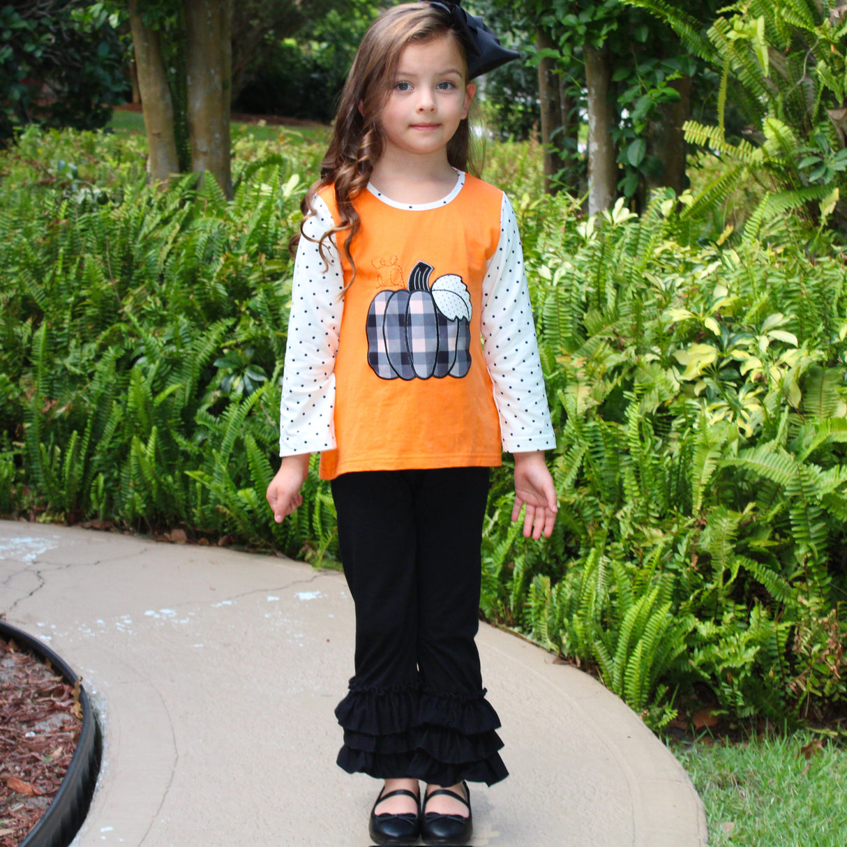 Girls Orange Pumpkin Top & Black Ruffle Pants Halloween Thanksgiving Ouitfit-2