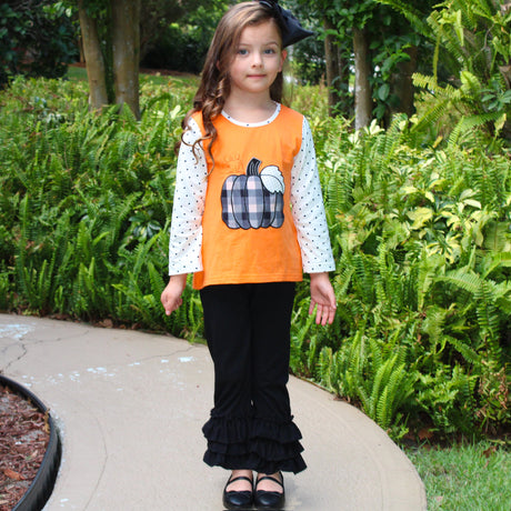 Girls Orange Pumpkin Top & Black Ruffle Pants Halloween Thanksgiving Ouitfit-2