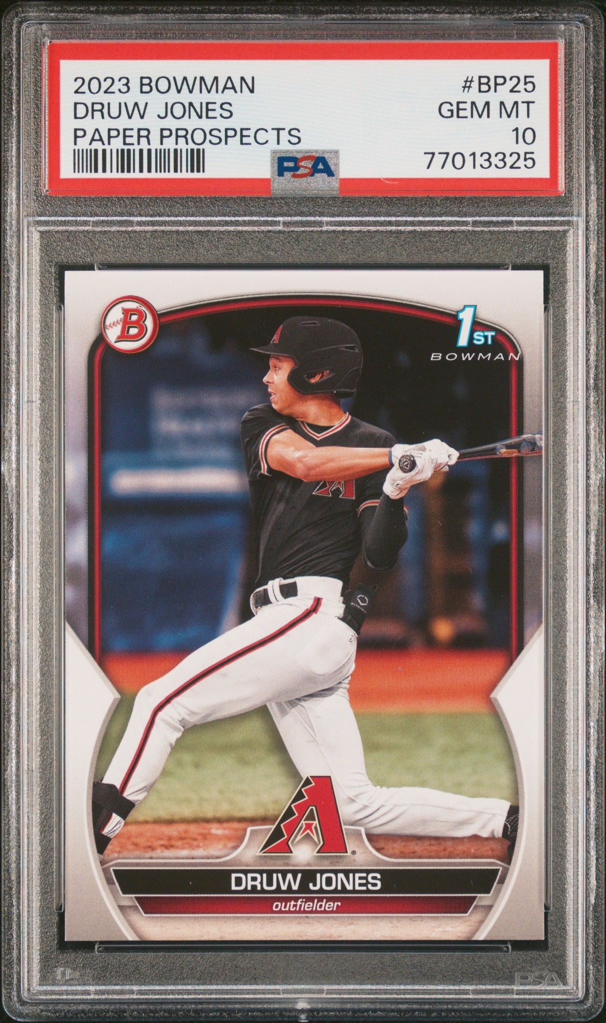 Tarjeta de béisbol Topps Bowman Druw Jones #BP25 de Paper Prospects Rookie RC, calificada en 2023, PSA 10 Gem Mint