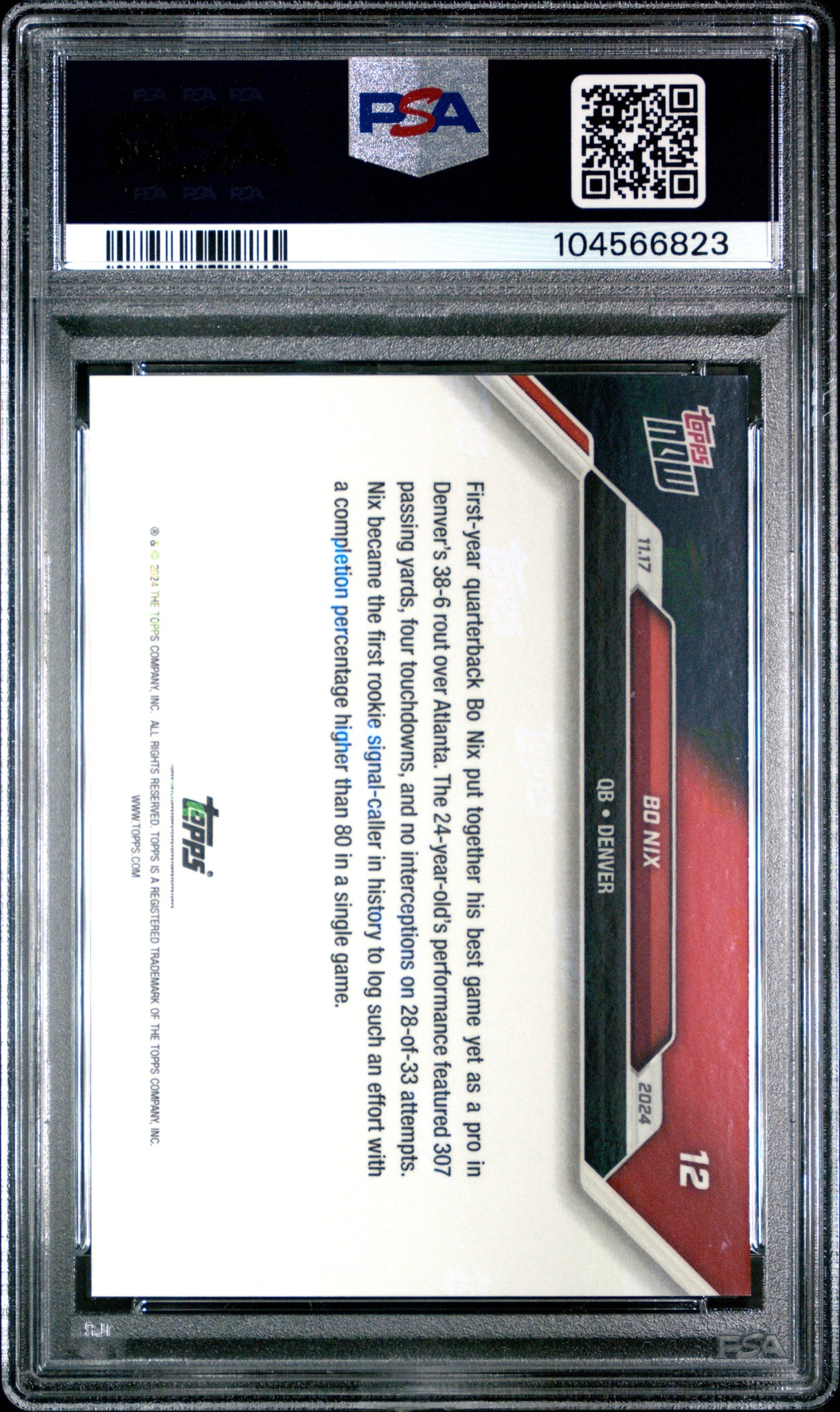 Tarjeta de fútbol RC Bo Nix #12 Rookie de Topps Now, calificada en 2024, PSA 10 Gem Mint