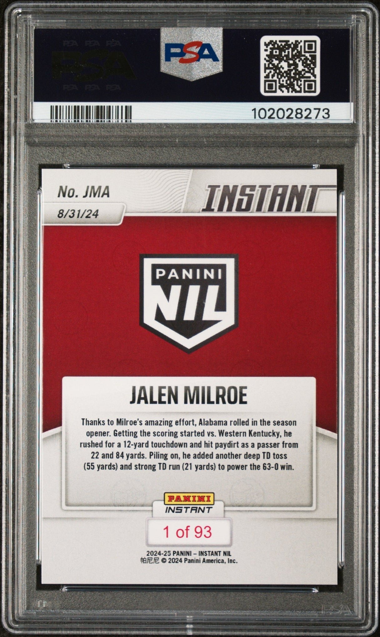 Tarjeta de fútbol RC de Jalen Milroe #JMA Rookie de Panini Instant NIL 2024 PSA 9 Mint