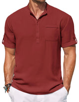 COOFANDY Mens Casual Shirts Band Collar Heley Shirt Short Sleeeve Fashion Linen T Shirt Lightweight Beach Wear Clothing Red - Lootquake