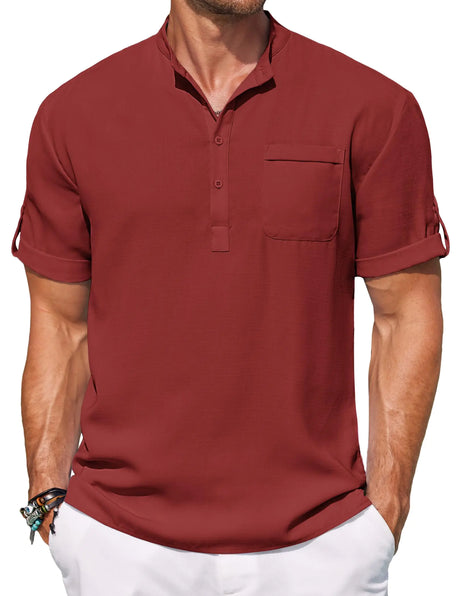 COOFANDY Mens Casual Shirts Band Collar Heley Shirt Short Sleeeve Fashion Linen T Shirt Lightweight Beach Wear Clothing Red - Lootquake