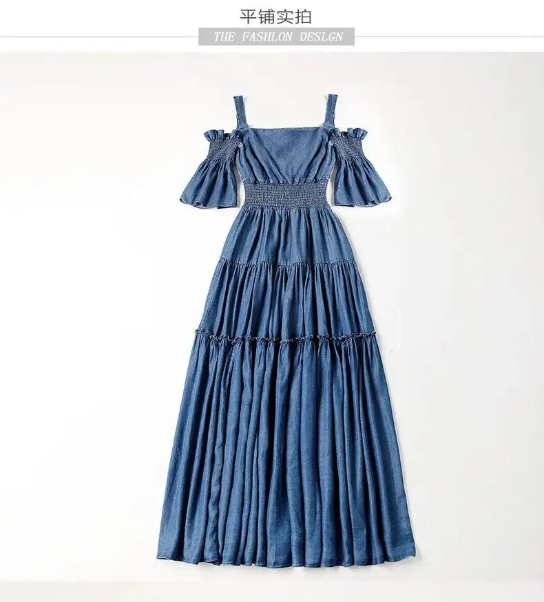 Denim 2023 summer new women's dress sling one word collar silk cowboy long dress - Lootquake