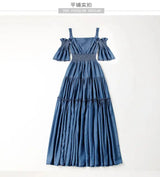 Denim 2023 summer new women's dress sling one word collar silk cowboy long dress - Lootquake