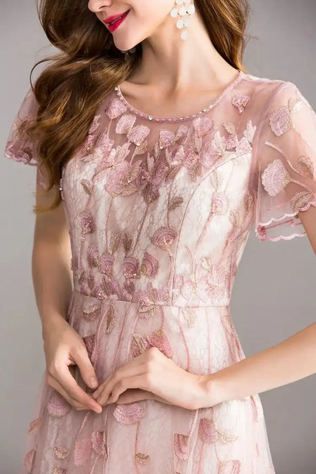 High-quality long dress embroidery large swing dress dress ladies elegant temperament round neck short-sleeved ladies dresses - Lootquake