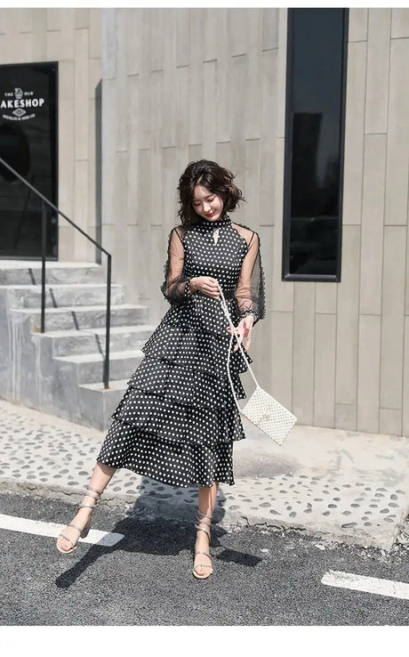 Transparent Long-Sleeved Chiffon Dress for Ladies, Polka Dot, Elegant Temperament, Fashion, New - Lootquake