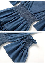 Denim 2023 summer new women's dress sling one word collar silk cowboy long dress - Lootquake