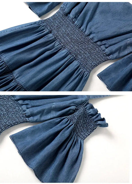 Denim 2023 summer new women's dress sling one word collar silk cowboy long dress - Lootquake