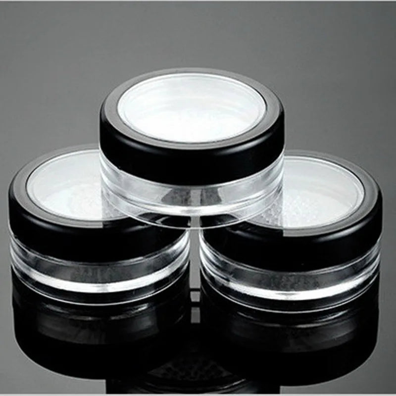 Lote de 10 unidades de 10 g de polvos sueltos compactos con tapa transparente negra, rejilla y tapa de PP, recipiente para polvos, caja vacía para polvos.