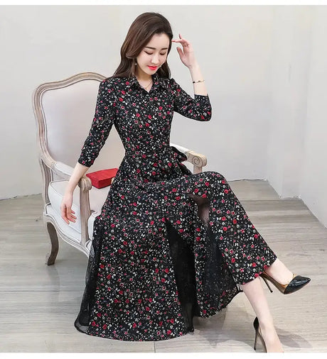 Women's Chiffon Stitching Lace Dress, Lady's Elegant Temperament Long Dress, Shirt Collar, Long Sleeve, Print Dresses, New - Lootquake