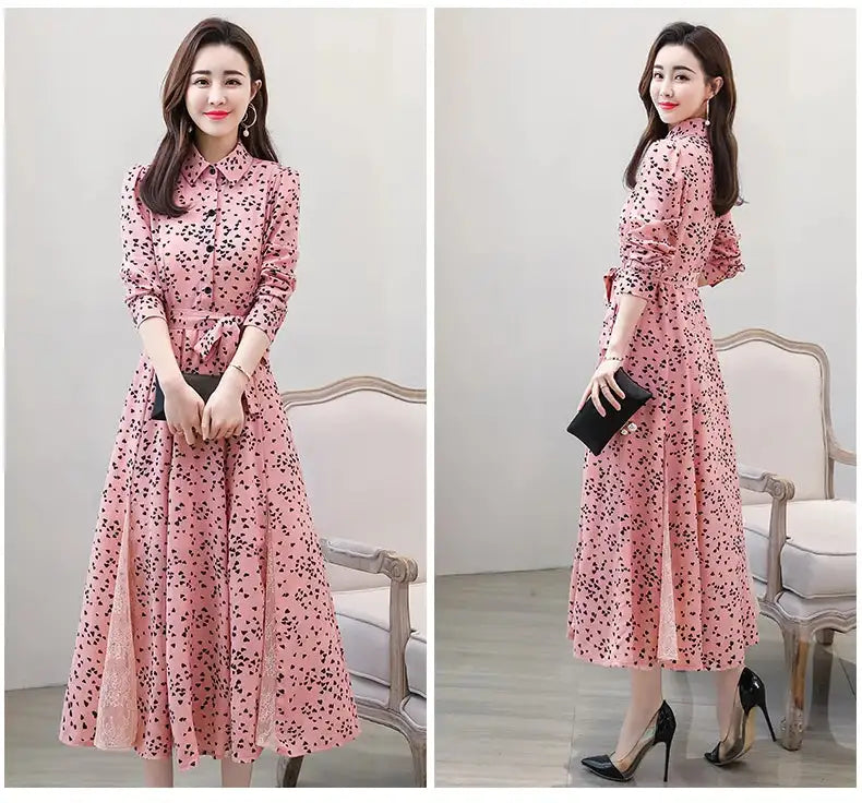 Women's Chiffon Stitching Lace Dress, Lady's Elegant Temperament Long Dress, Shirt Collar, Long Sleeve, Print Dresses, New - Lootquake