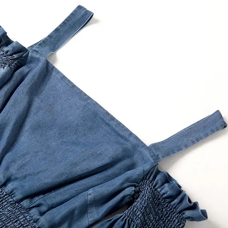 Denim 2023 summer new women's dress sling one word collar silk cowboy long dress - Lootquake