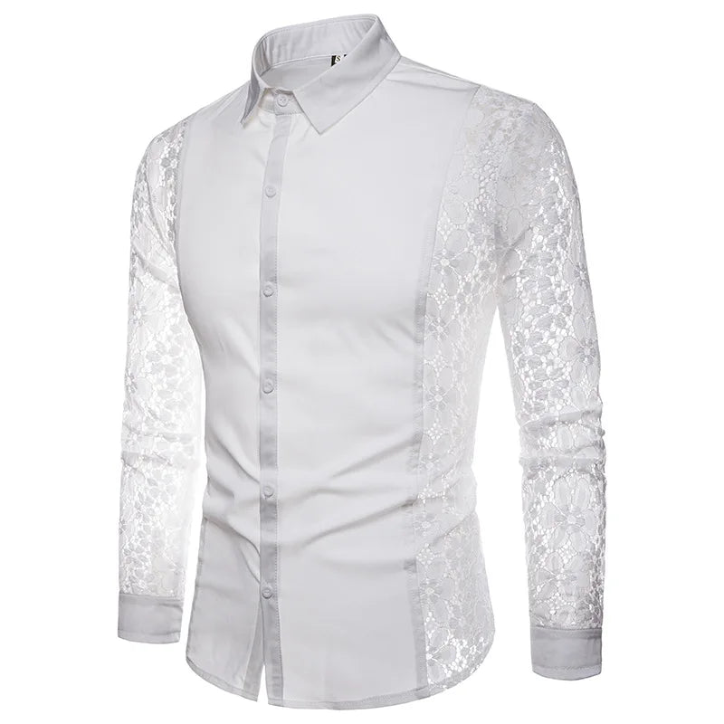 Mens Flower Patchwork Embroidery Lace Shirt 2019 Fashion Transparent Sexy Dress Shirts Mens See Trough Club Party Event Chemise - Lootquake