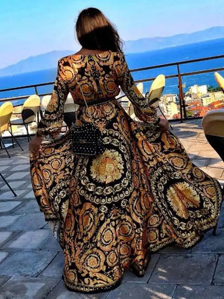 2021 New Style Fashion Elegant Women Sexy Boat Neck Glitter Deep V Neck Print Party Dress Formal Long Dress Sexy Clubwear - Lootquake