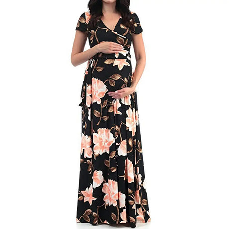 Chivry Maternity Dress Women Floral Print Short Sleeve V-neck Maxi Long Dress Pregnant Casual Clothes Summer Maternity Dress - Lootquake