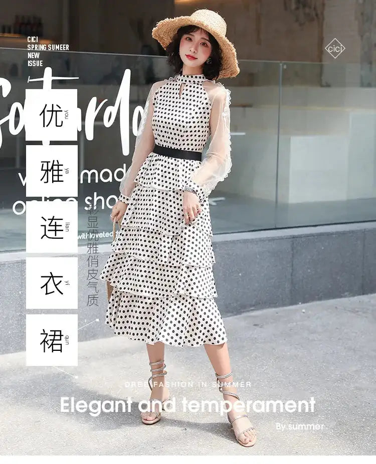 Transparent Long-Sleeved Chiffon Dress for Ladies, Polka Dot, Elegant Temperament, Fashion, New - Lootquake