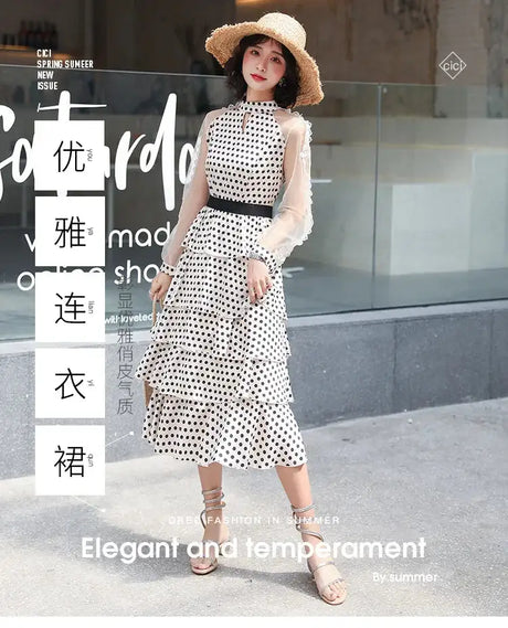 Transparent Long-Sleeved Chiffon Dress for Ladies, Polka Dot, Elegant Temperament, Fashion, New - Lootquake