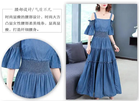 Denim 2023 summer new women's dress sling one word collar silk cowboy long dress - Lootquake