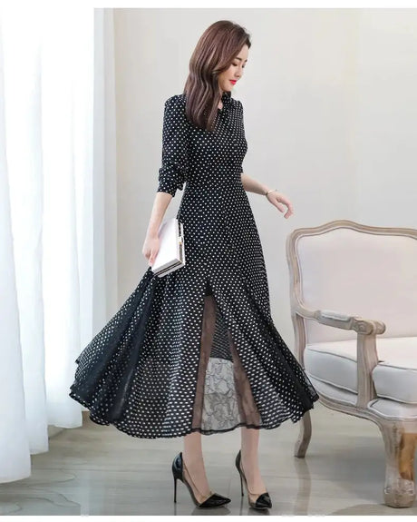 Women's Chiffon Stitching Lace Dress, Lady's Elegant Temperament Long Dress, Shirt Collar, Long Sleeve, Print Dresses, New - Lootquake