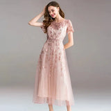 High-quality long dress embroidery large swing dress dress ladies elegant temperament round neck short-sleeved ladies dresses - Lootquake
