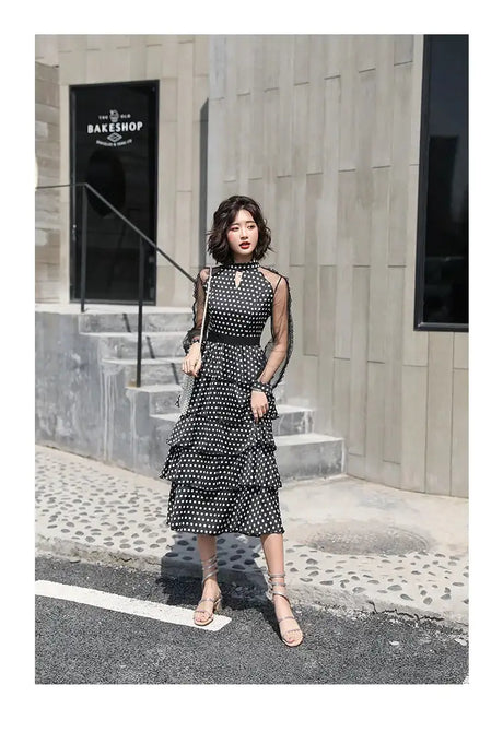 Transparent Long-Sleeved Chiffon Dress for Ladies, Polka Dot, Elegant Temperament, Fashion, New - Lootquake
