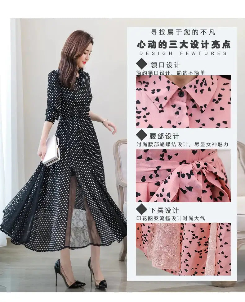 Women's Chiffon Stitching Lace Dress, Lady's Elegant Temperament Long Dress, Shirt Collar, Long Sleeve, Print Dresses, New - Lootquake