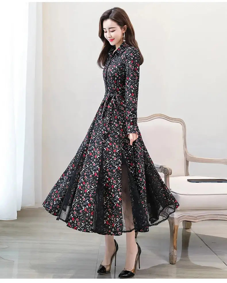 Women's Chiffon Stitching Lace Dress, Lady's Elegant Temperament Long Dress, Shirt Collar, Long Sleeve, Print Dresses, New - Lootquake