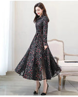 Women's Chiffon Stitching Lace Dress, Lady's Elegant Temperament Long Dress, Shirt Collar, Long Sleeve, Print Dresses, New - Lootquake