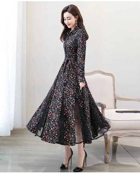 Women's Chiffon Stitching Lace Dress, Lady's Elegant Temperament Long Dress, Shirt Collar, Long Sleeve, Print Dresses, New - Lootquake