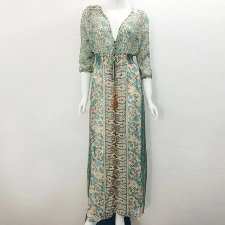 TEELYNN boho long dress Vintage 2023 floral print Chiffon three quarter sleeve v-neck summer Gypsy Hippie women dresses vestidos - Lootquake