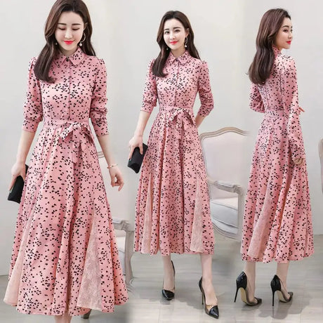 Women's Chiffon Stitching Lace Dress, Lady's Elegant Temperament Long Dress, Shirt Collar, Long Sleeve, Print Dresses, New - Lootquake