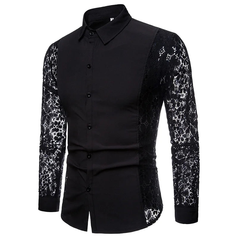 Mens Flower Patchwork Embroidery Lace Shirt 2019 Fashion Transparent Sexy Dress Shirts Mens See Trough Club Party Event Chemise - Lootquake