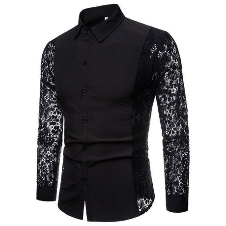 Mens Flower Patchwork Embroidery Lace Shirt 2019 Fashion Transparent Sexy Dress Shirts Mens See Trough Club Party Event Chemise - Lootquake
